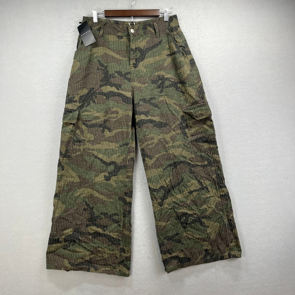 SUMWON Cargo Pants Mens Medium Green Camo Sashiko Stitched Wide Baggy Military
